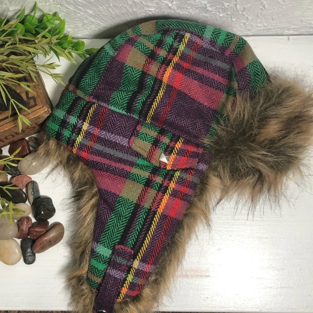 Plaid Bomber Faux Fur Hat Snow Ski Cold Weather Headwear Multi Color Plaid Hat - Picture 2 of 16